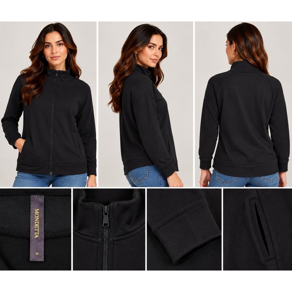 Mondetta Womens Black Full Zip Mock Neck Drop Shoulder Jacket Size Medium